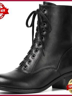 Victorian Lace Up Ankle Booties Chunky Heel Side Zip Faux Leather